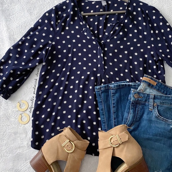 Tops - Navy Blue + Off White Ikat Polkadot Blouse